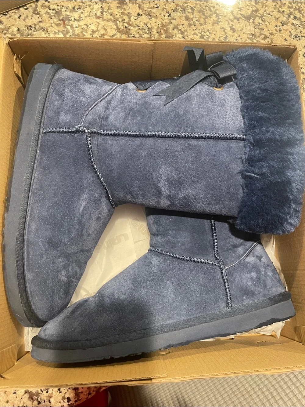 Lamo Women's Navy Blue Faux Fur Winter Boot with Ribbon Back